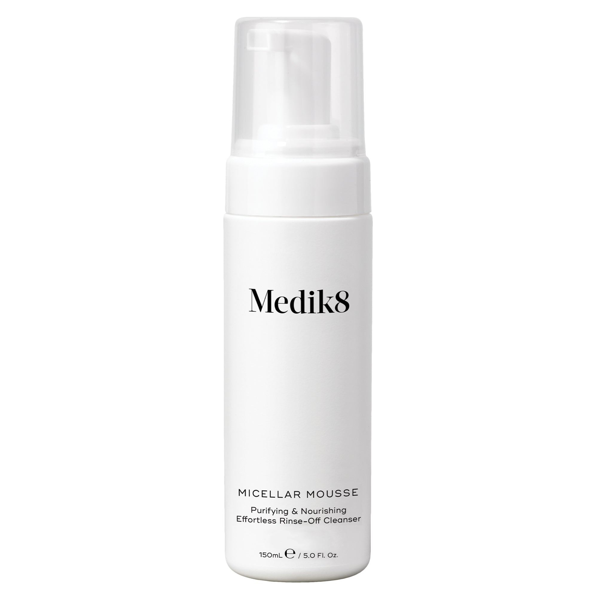A pump bottle of Medik8 Micellar Mousse, which is a facial cleansing product.