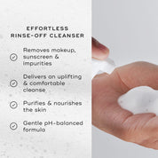 A woman applying Medik8 Micellar Mousse, alongside key benefits