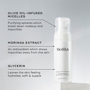 A pump bottle of Medik8 Micellar Mousse, alongside key ingredients 