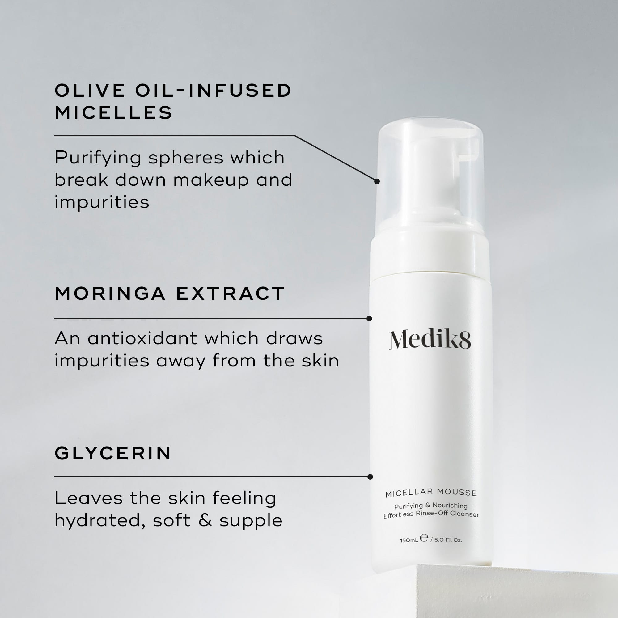 A pump bottle of Medik8 Micellar Mousse, alongside key ingredients 