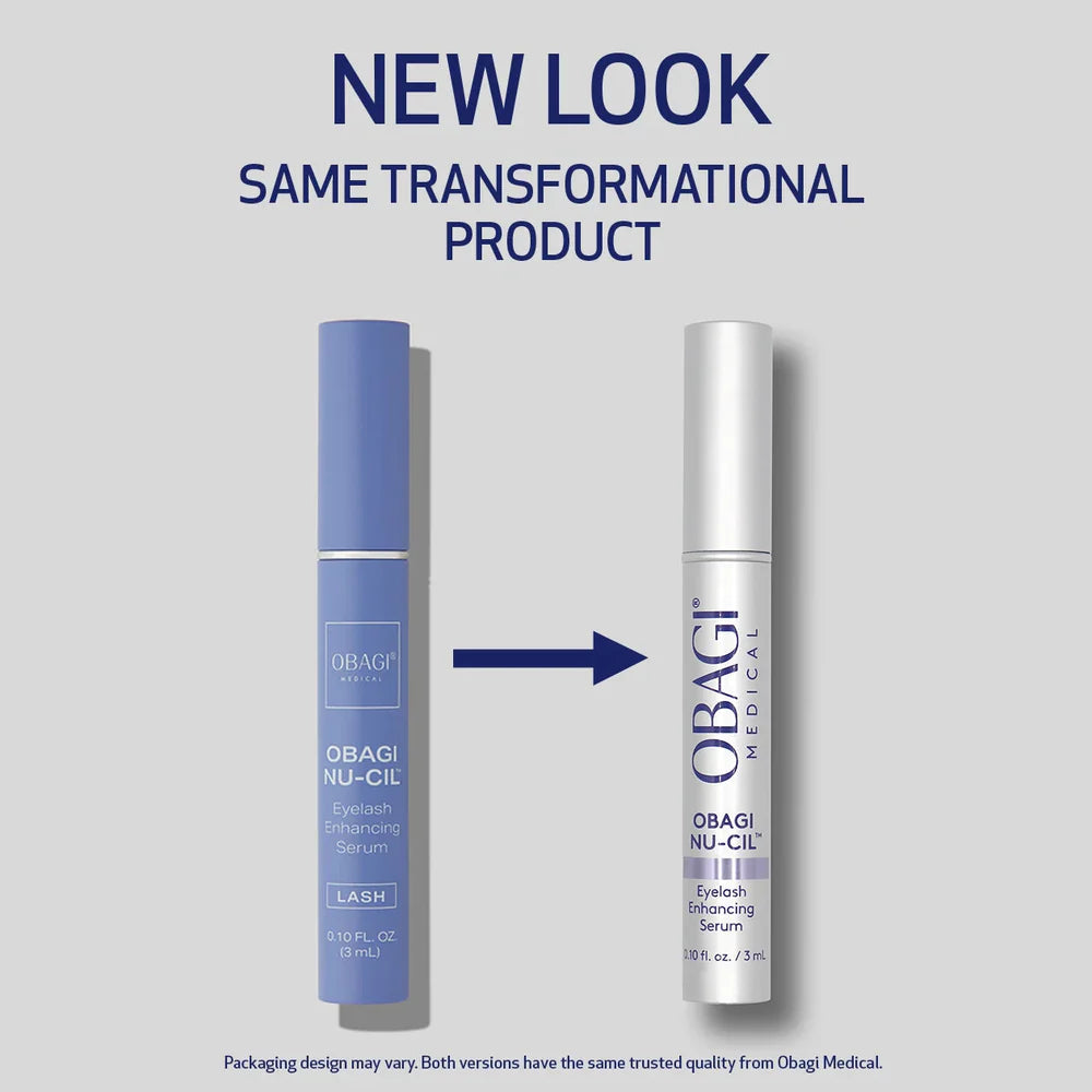 Two versions of Obagi Nu-Cil eyelash serum with text indicating a new look but same product.