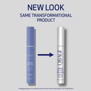 Two versions of Obagi Nu-Cil eyelash serum with text indicating a new look but same product.