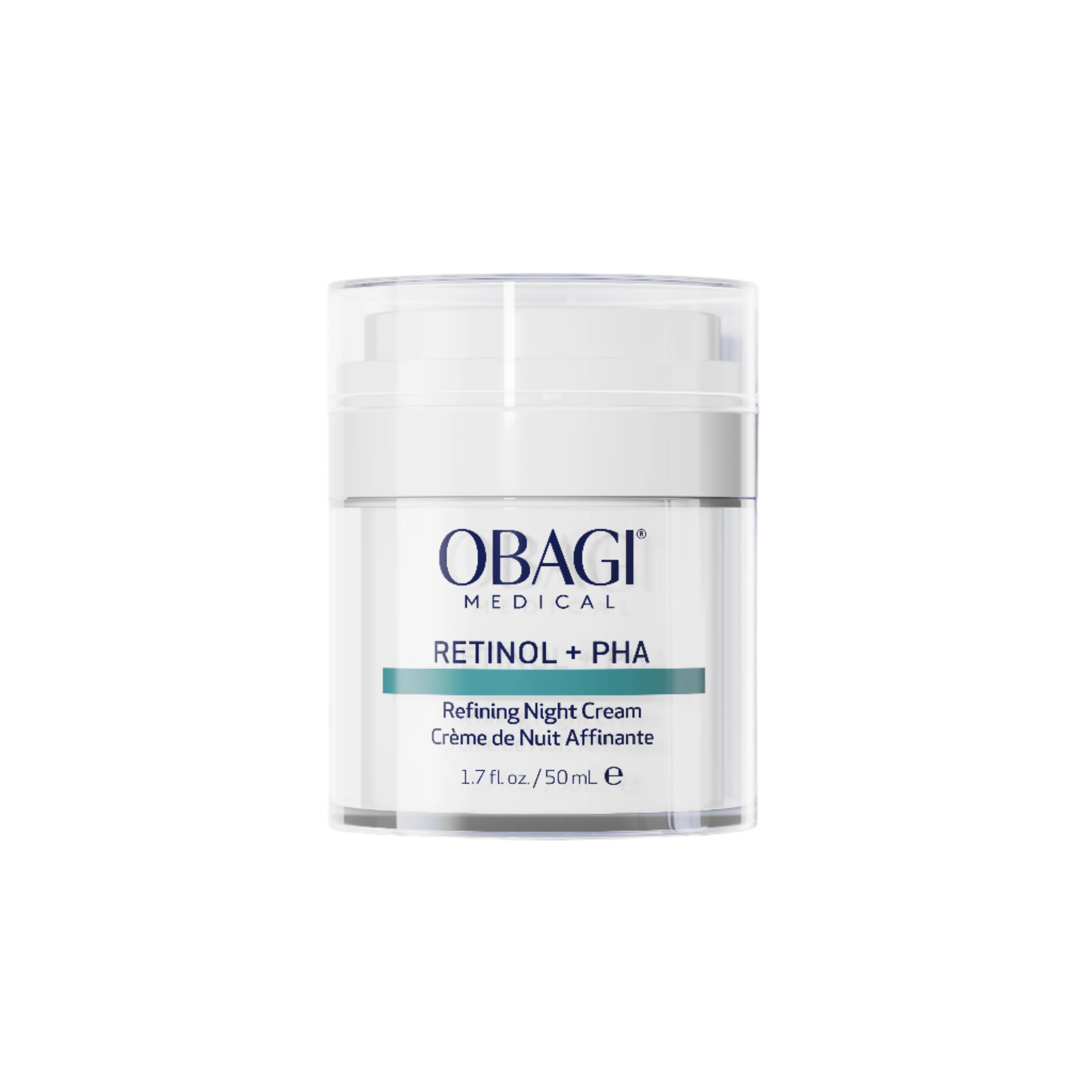 Obagi Medical Retinol + PHA refining night cream jar on a white background