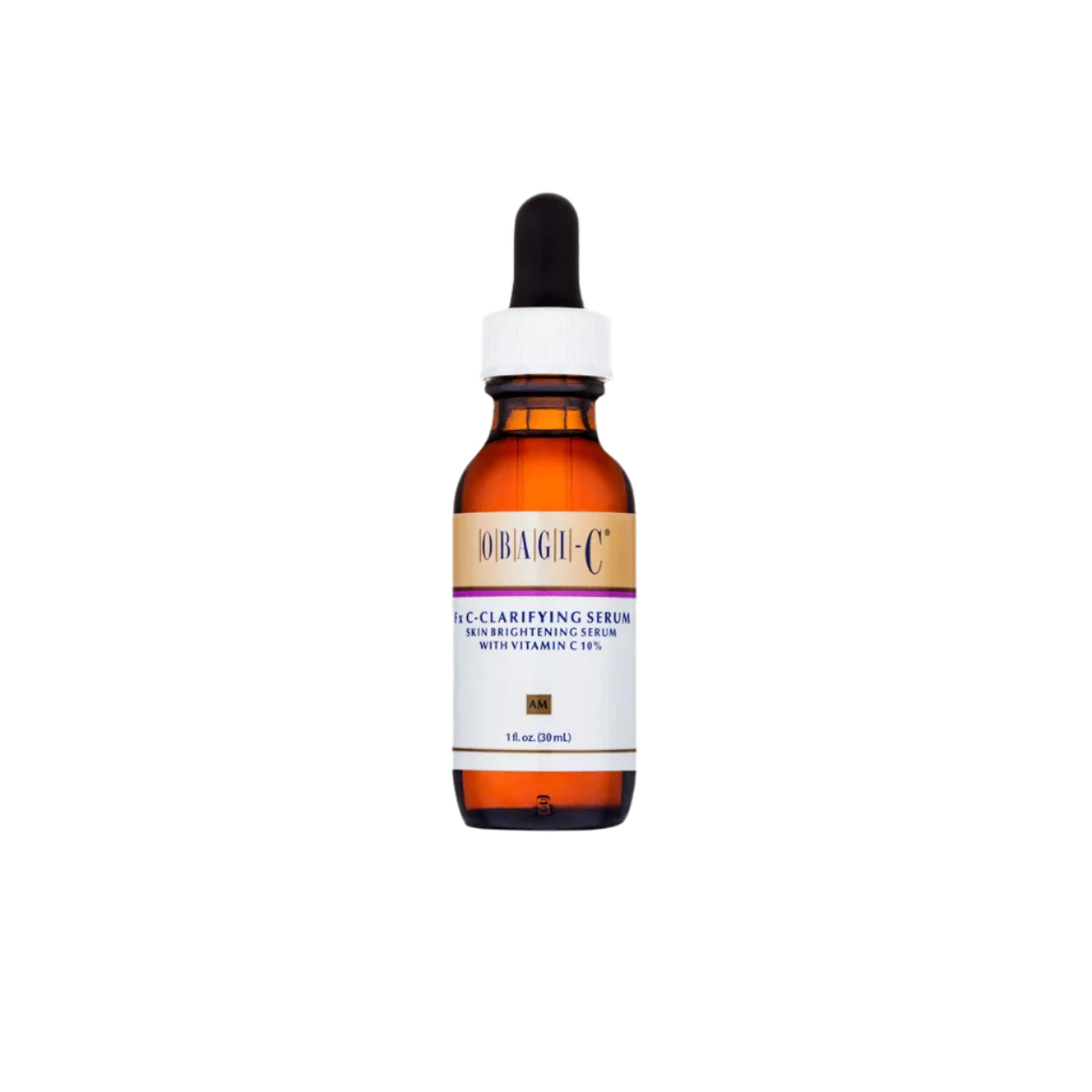Bottle of Obagi-C serum with dropper on a white background