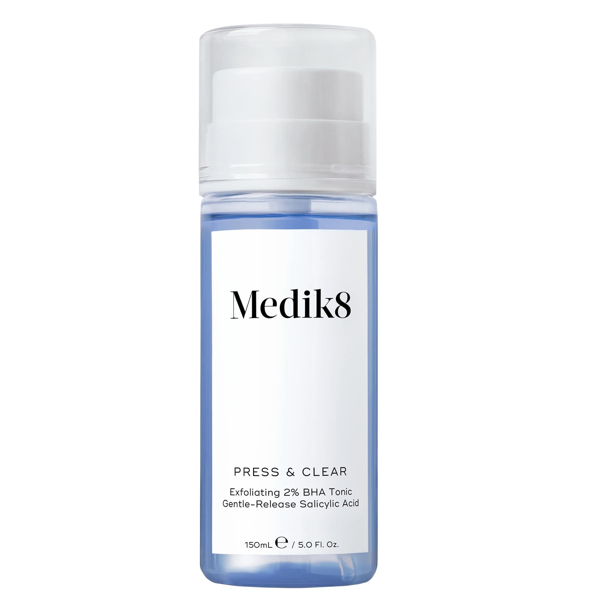 A pump bottle of Medik8 Press & Clear exfoliating toner with 2% BHA.