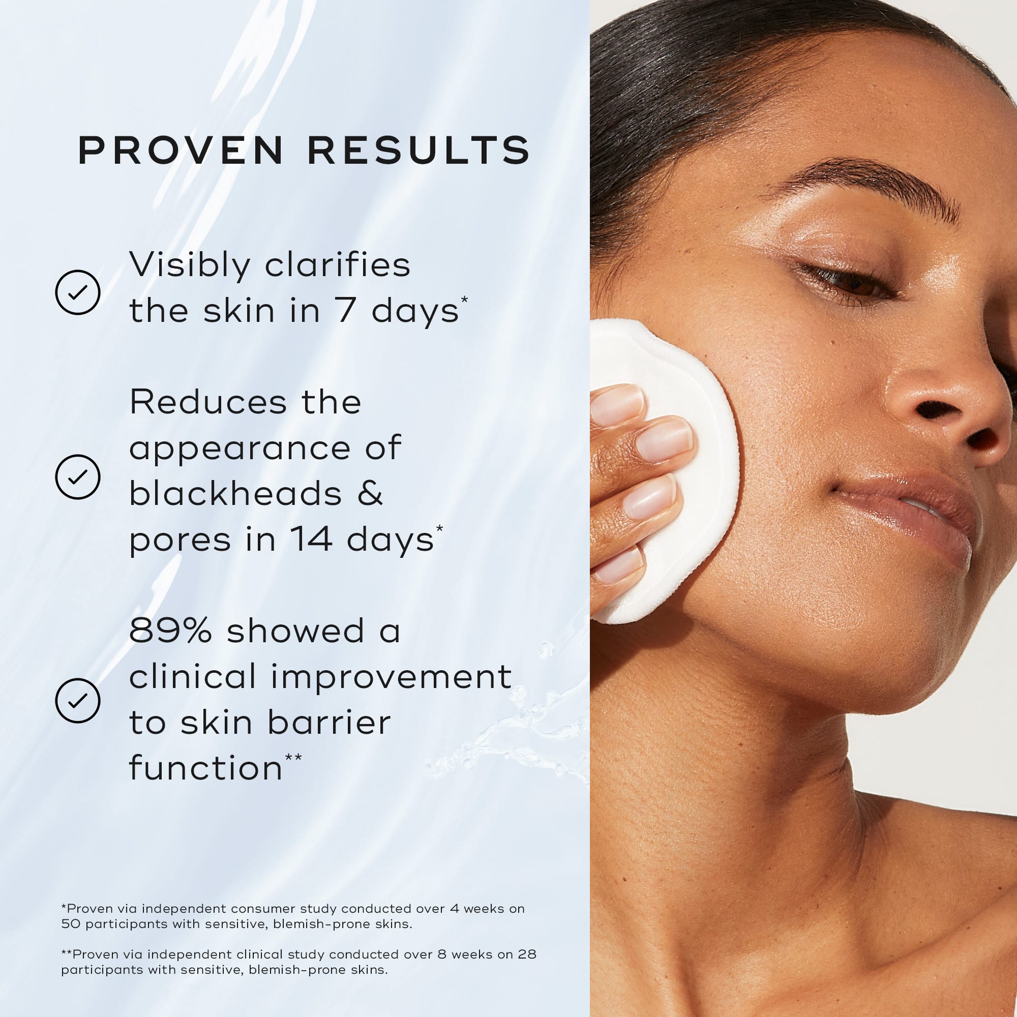 A woman applying Medik8 Press & Clear exfoliating toner with 2% BHA, alongside proven results