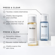 A bottle of Medik8 Press & Clear exfoliating toner with 2% BHA alongside a bottle of Medik8 Press & Glow