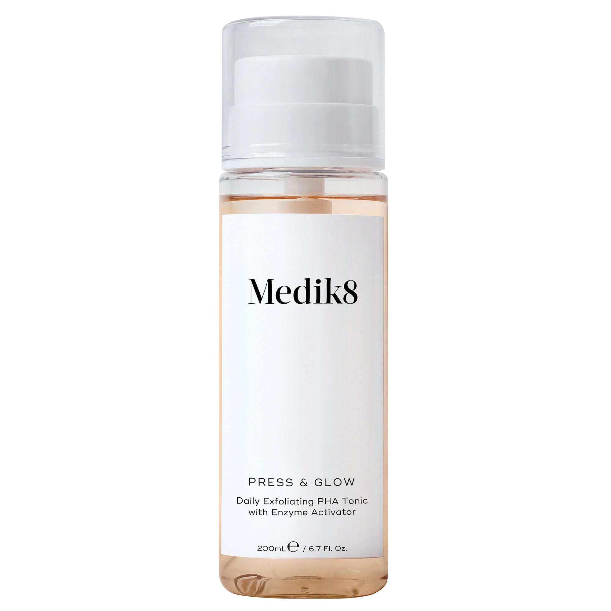 A bottle of Medik8 Press & Glow daily exfoliating PHA tonic with a pump dispenser, against a white background.