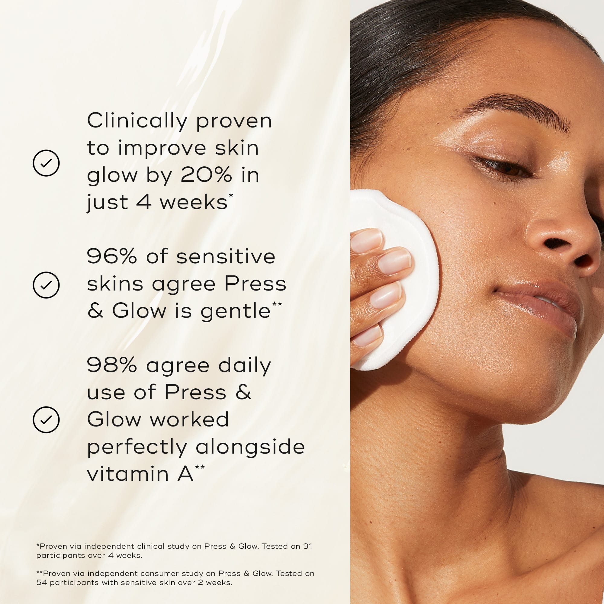 A woman applying A bottle of Medik8 Press & Glow daily exfoliating PHA tonic alongside clinical results