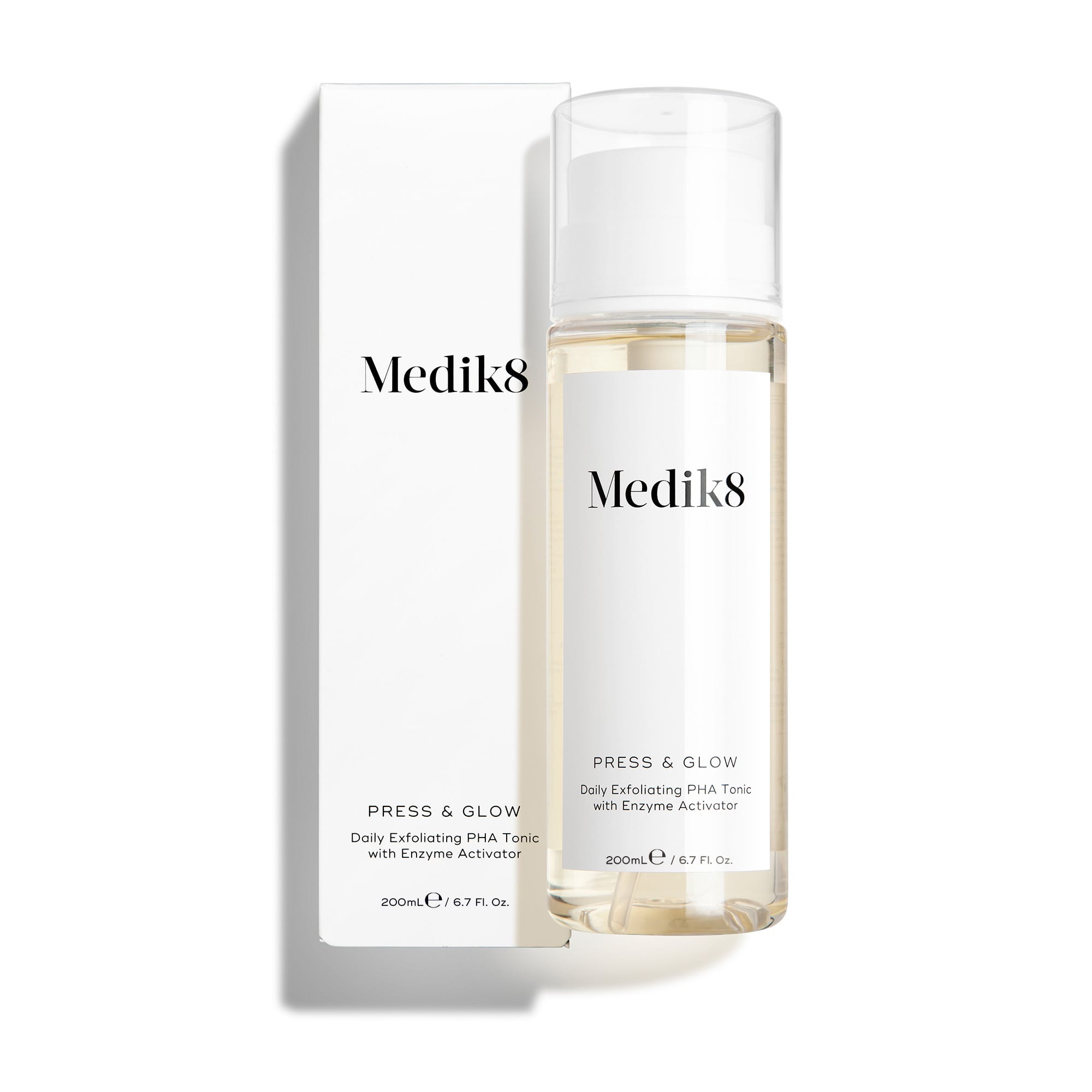 A bottle and box of Medik8 Press & Glow daily exfoliating PHA tonic on a white background
