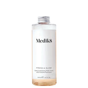 A bottle of Medik8 Press & Glow daily exfoliating PHA tonic with a white label and clear liquid visible through the transparent bottle.