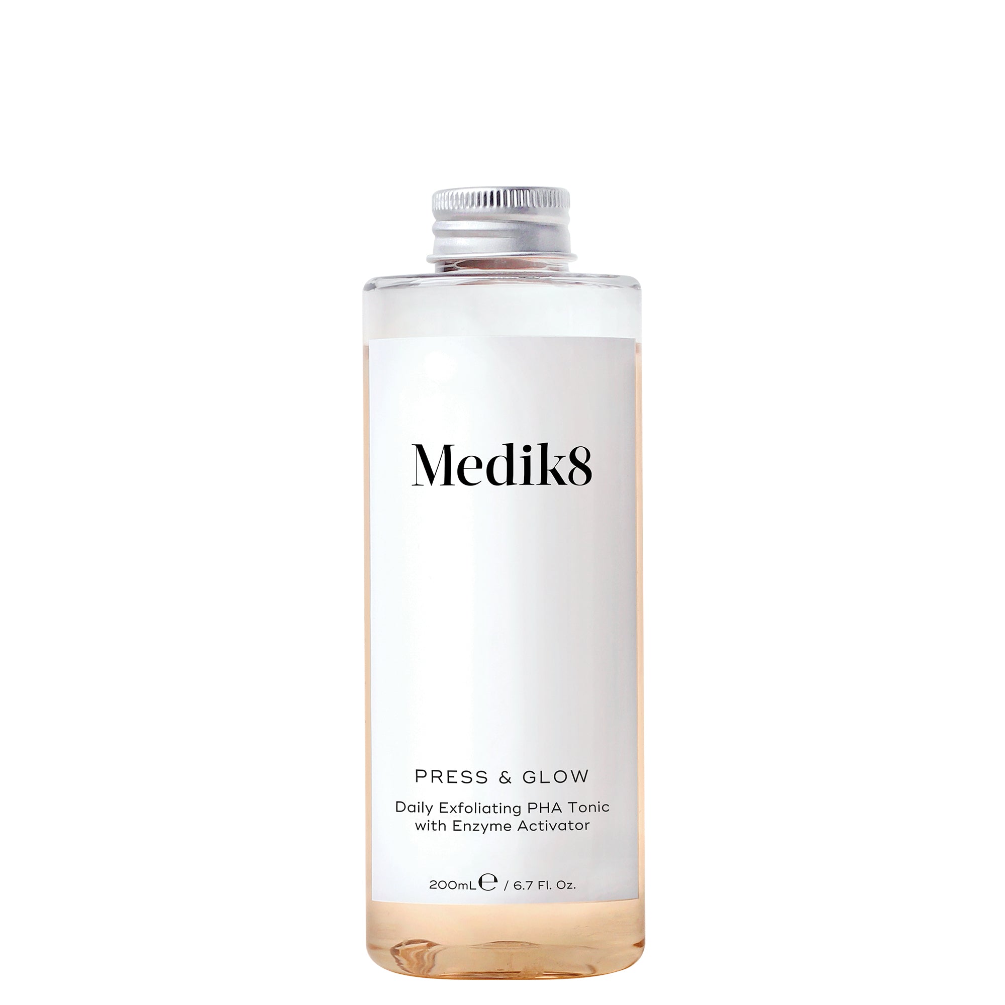 A bottle of Medik8 Press & Glow daily exfoliating PHA tonic with a white label and clear liquid visible through the transparent bottle.