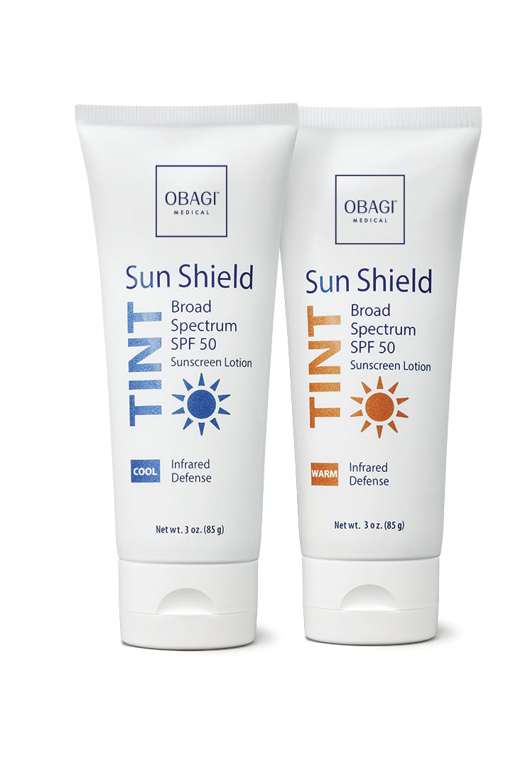 Two bottles of Obagi Sun Shield Tinted Sunscreen Lotion on a white background