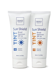 Two bottles of Obagi Sun Shield Tinted Sunscreen Lotion on a white background
