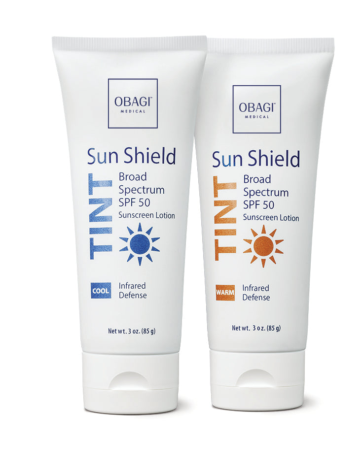 Two bottles of Obagi Sun Shield Tinted Sunscreen Lotion on a white background