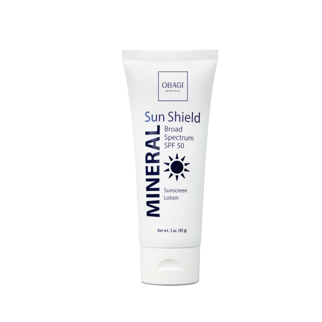 Obagi Sun Shield Mineral Broad Spectrum SPF 50 sunscreen lotion on a white background