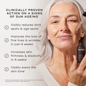 Woman applying  Medik8 Super C Ferulic serum alongside key benefits