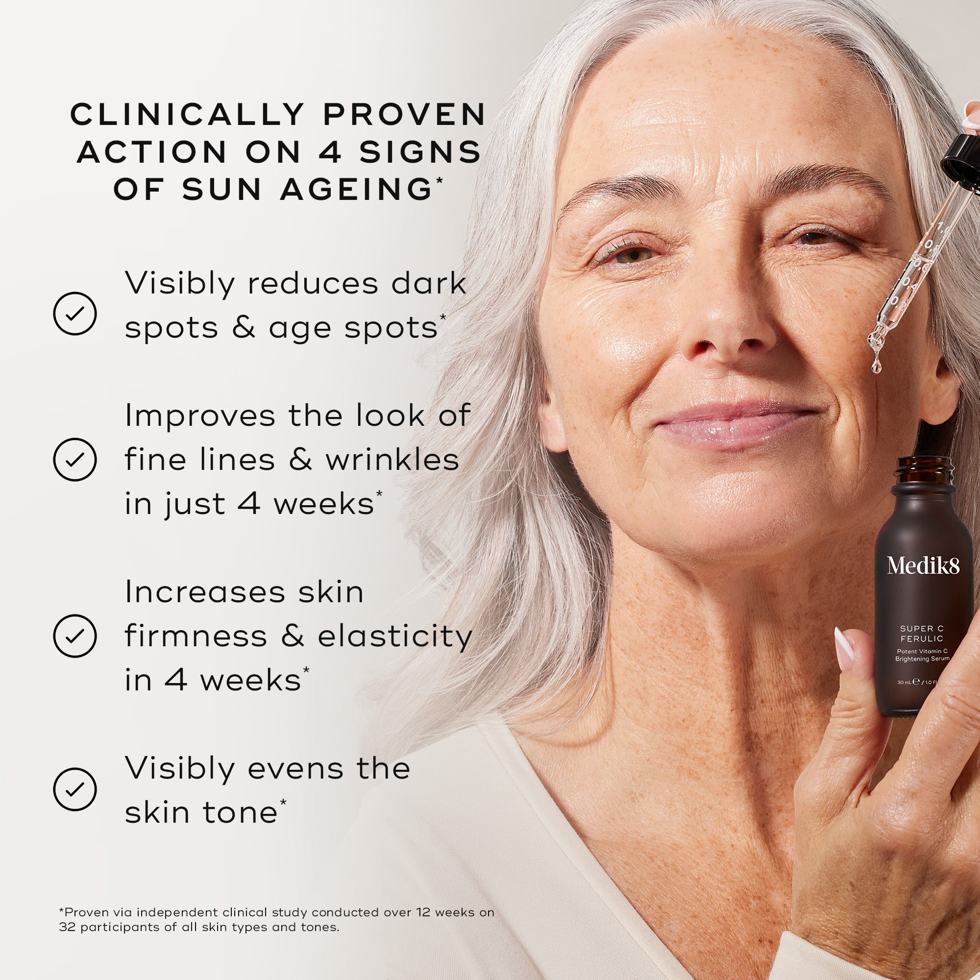 Woman applying  Medik8 Super C Ferulic serum alongside key benefits