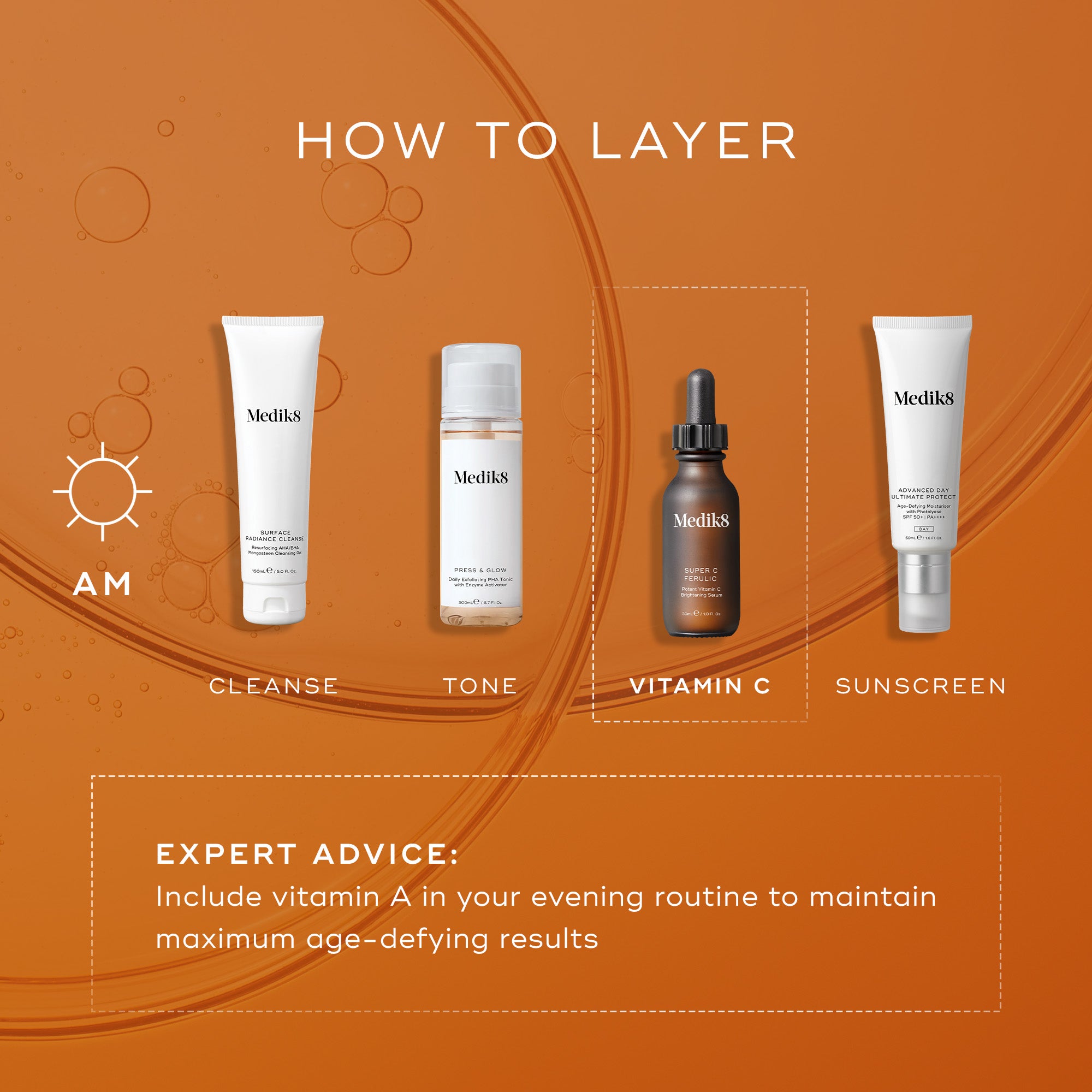 Medik8 Super C Ferulic serum bottle listed alongside other Medik8 products