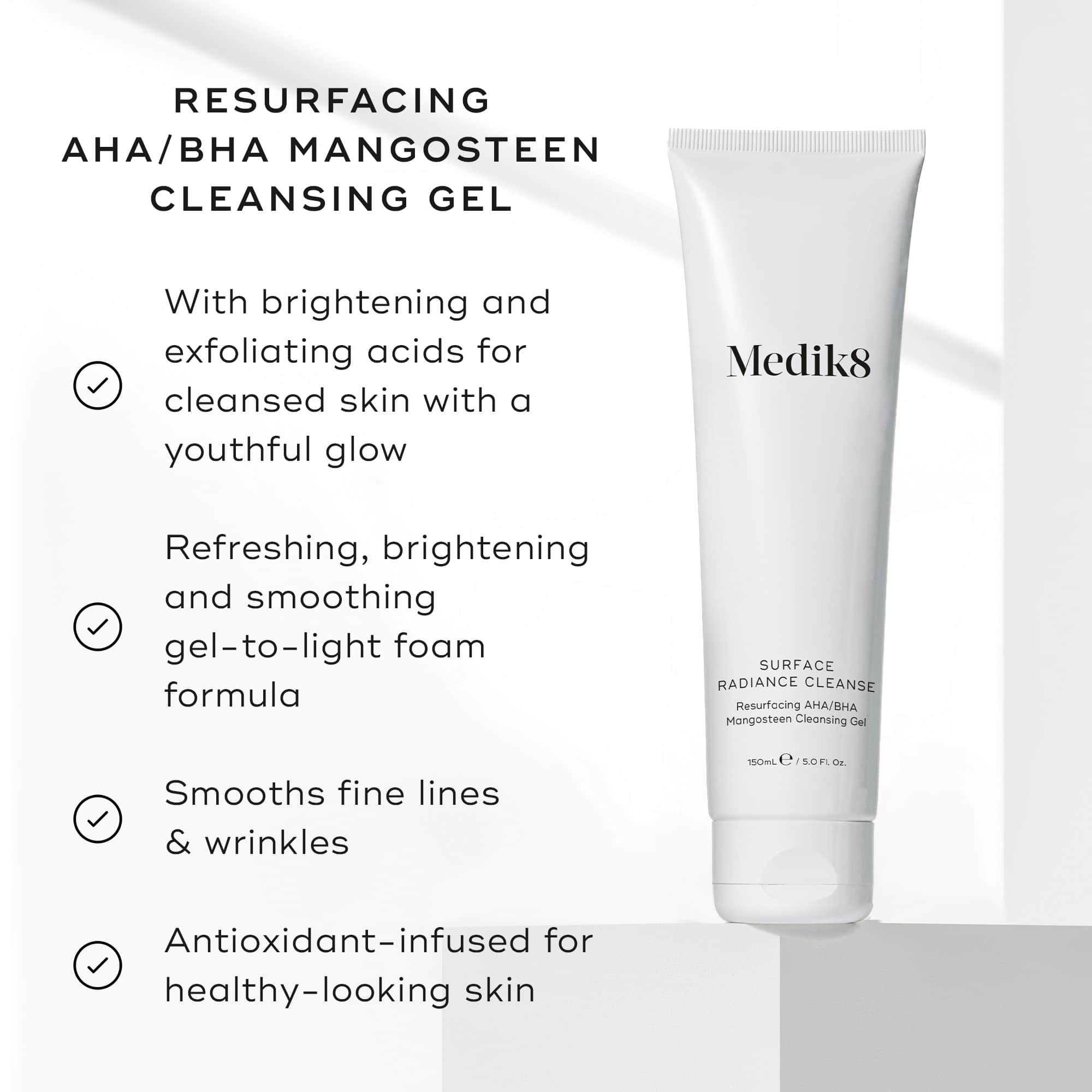 A tube of Medik8 Surface Radiance Cleanse, alongside key benefits