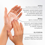 A woman applying Medik8 Surface Radiance Cleanse, alongside key ingredients 