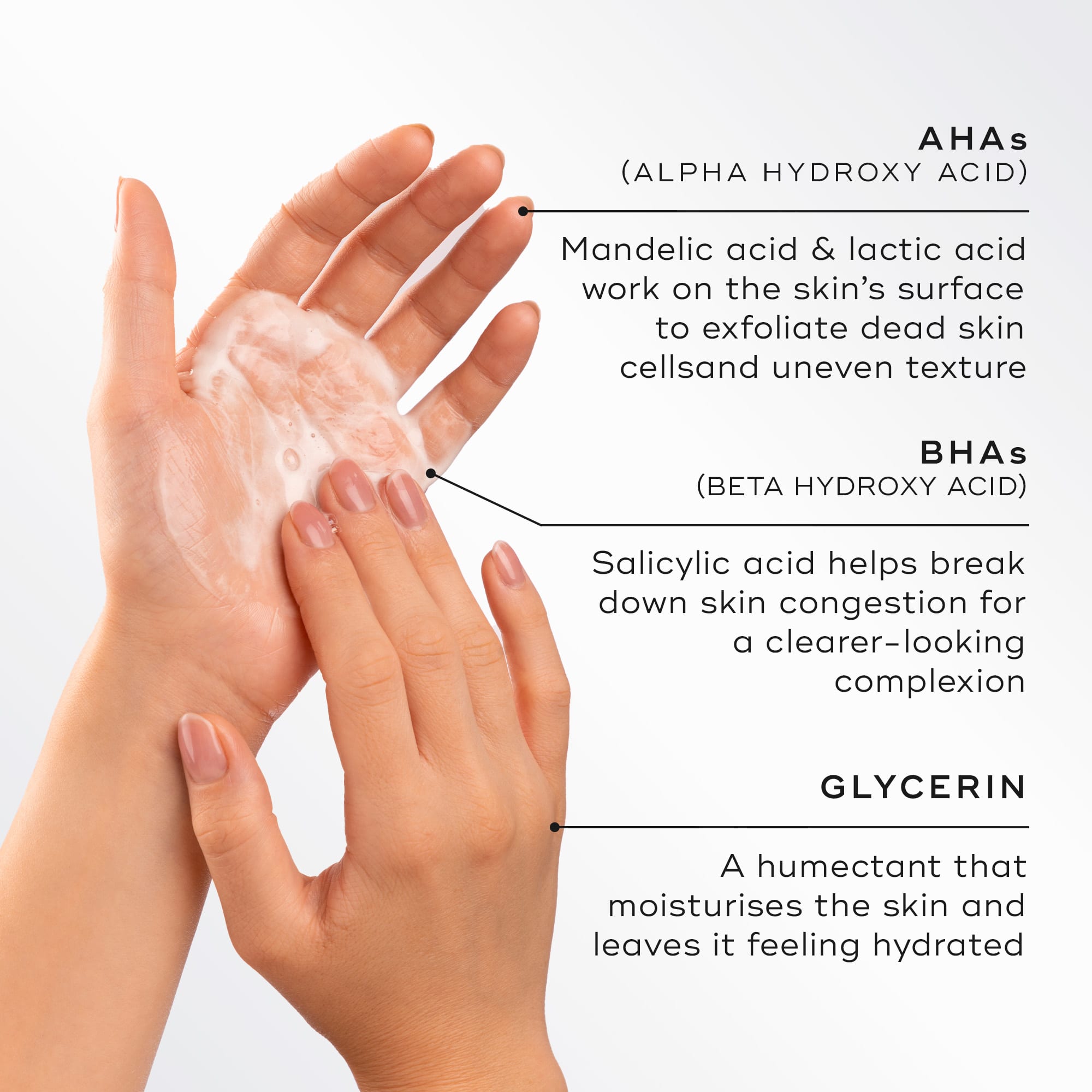 A woman applying Medik8 Surface Radiance Cleanse, alongside key ingredients 