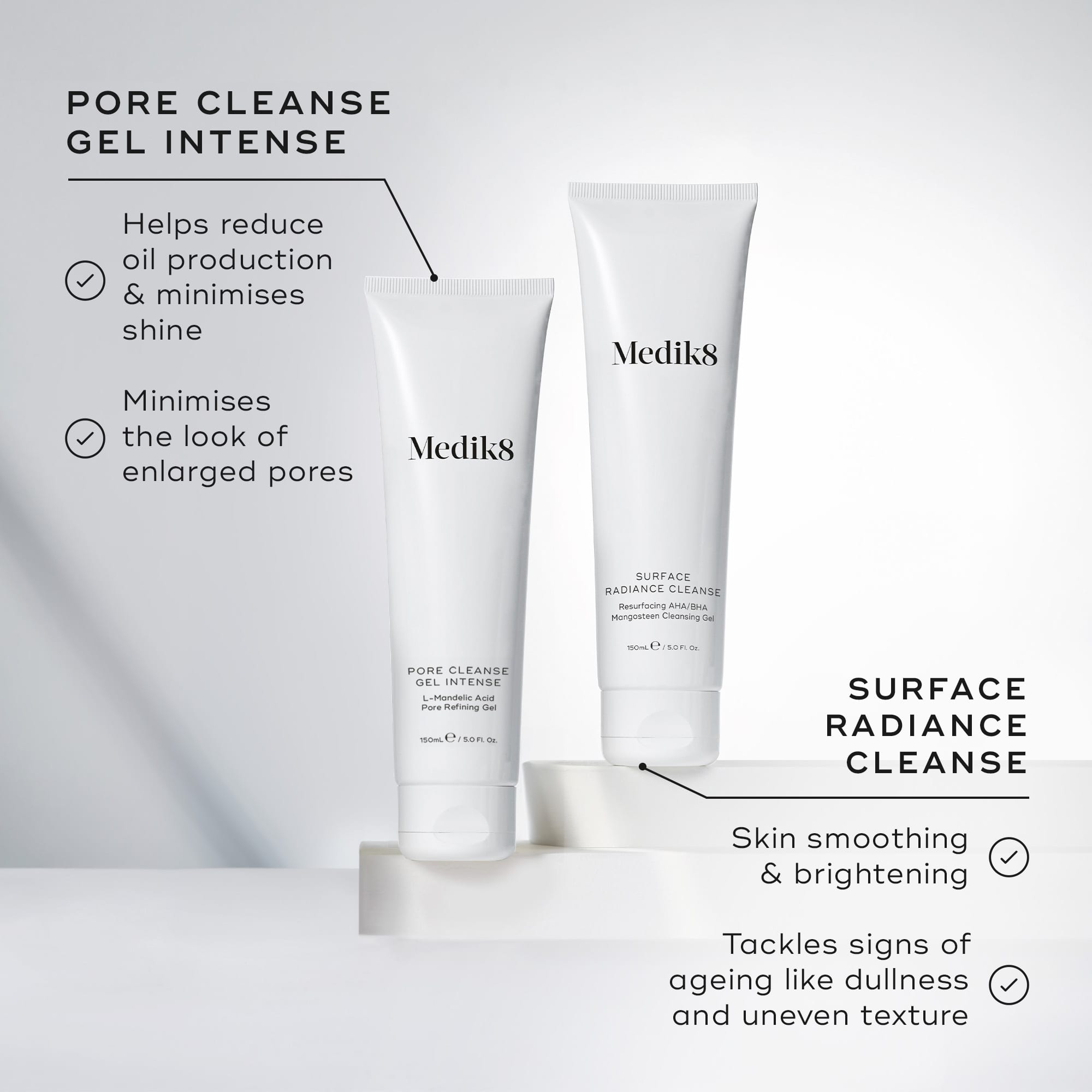 A tube of Medik8 Surface Radiance Cleanse, alongside Medik8 Surface Radiance Cleanse