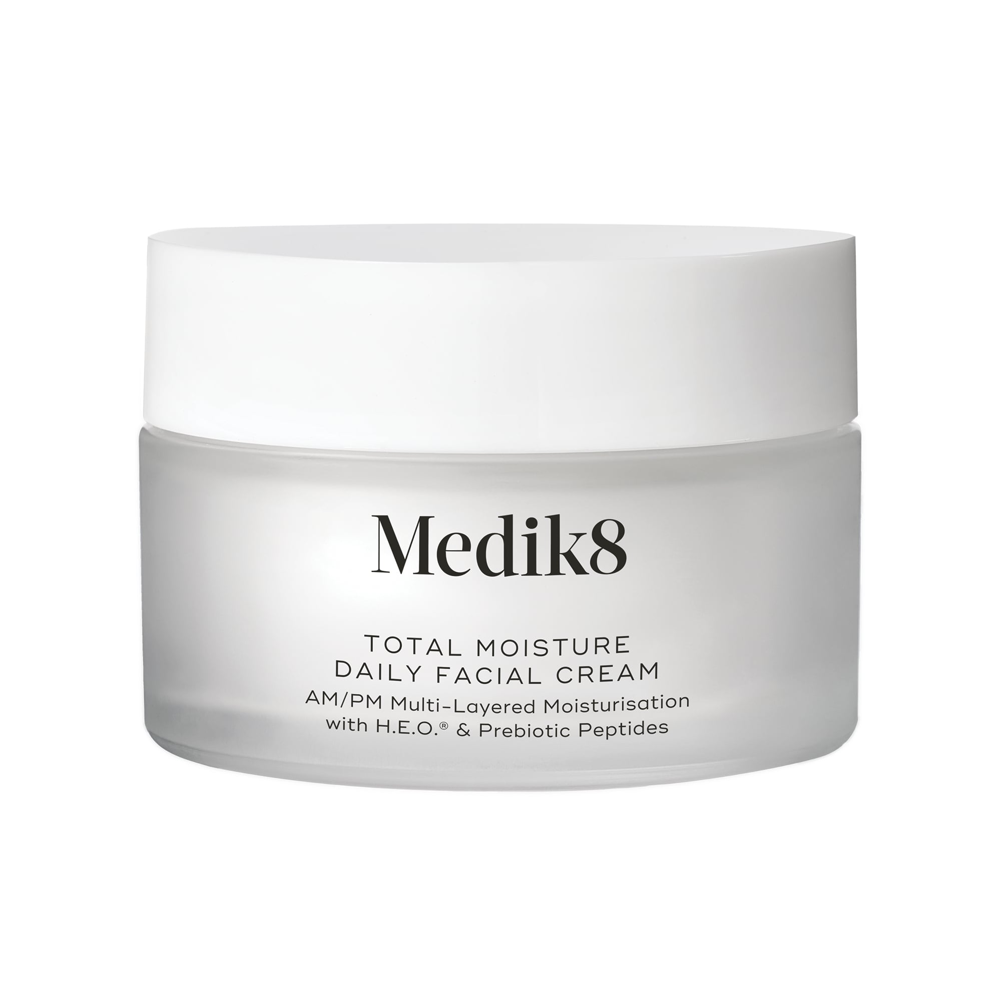 A jar of Medik8 Total Moisture Daily Facial Cream with a white label on a plain background.