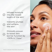 Medik8 Total Moisture Daily Facial Cream key benefits wit woman applying Medik8 Total Moisture Daily Facial Cream