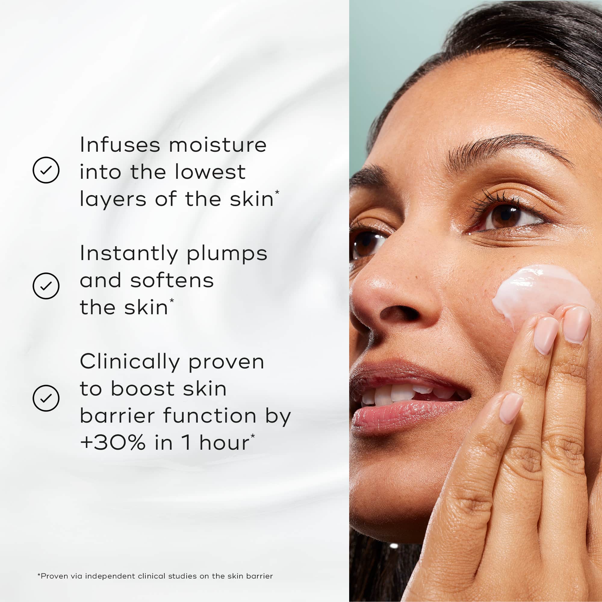 Medik8 Total Moisture Daily Facial Cream key benefits wit woman applying Medik8 Total Moisture Daily Facial Cream