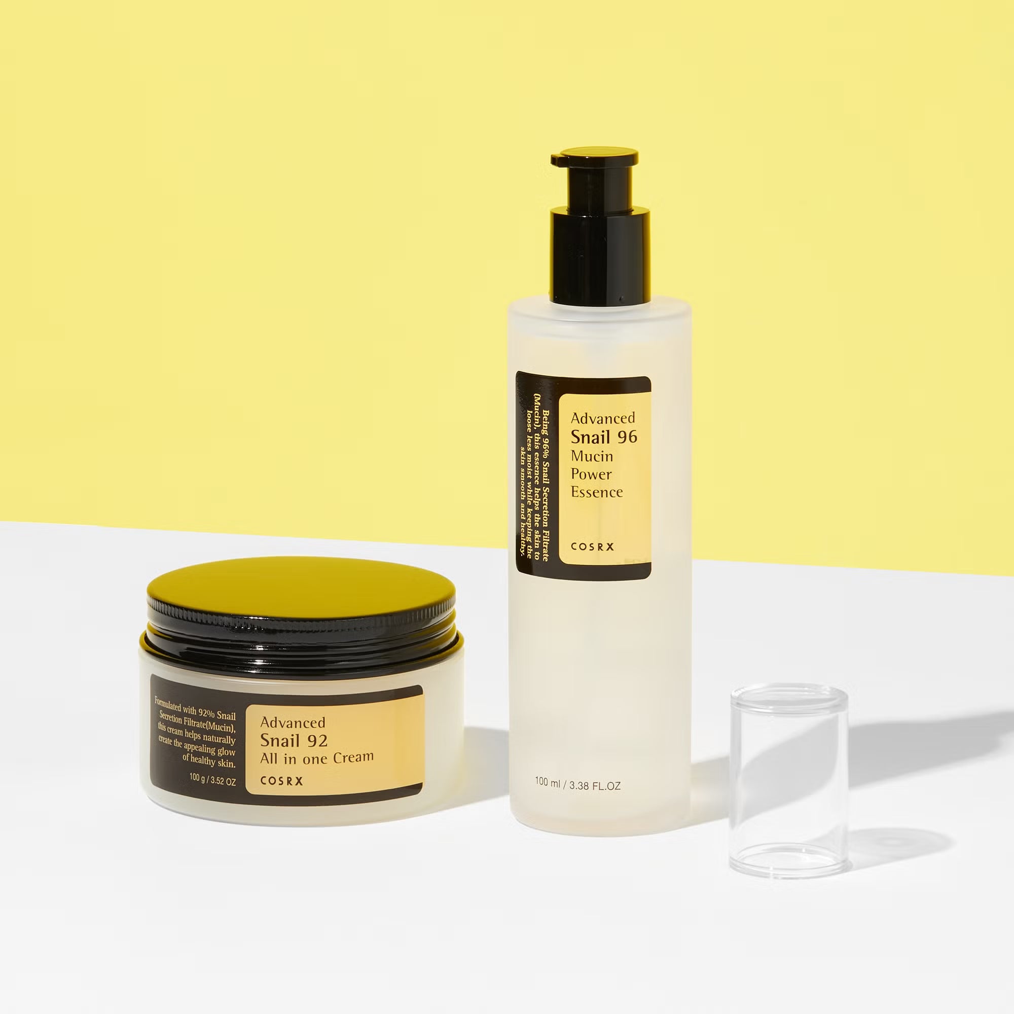 CosRX skincare products on a yellow and white background