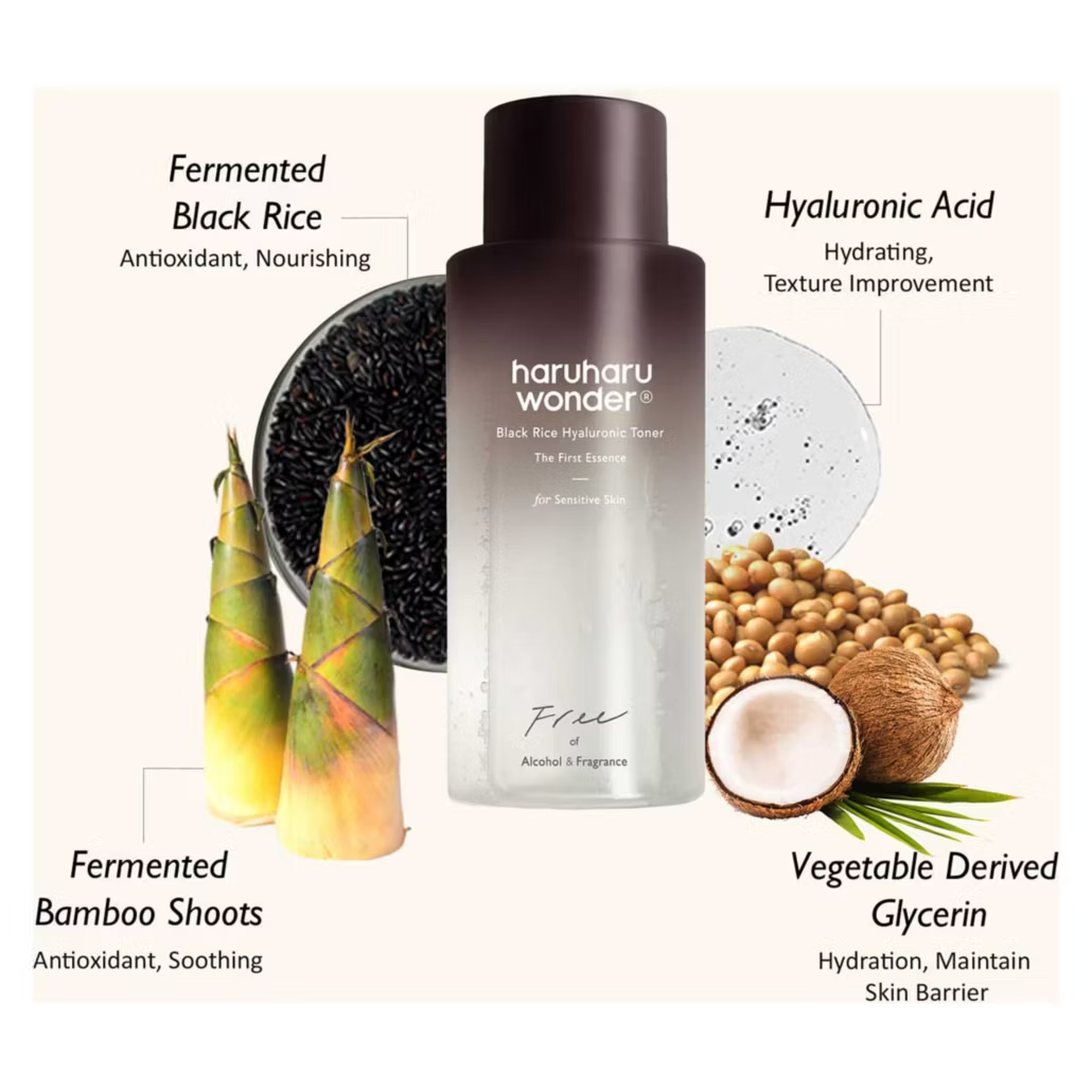 Haruharu Wonder skincare product with ingredients displayed on a cream background