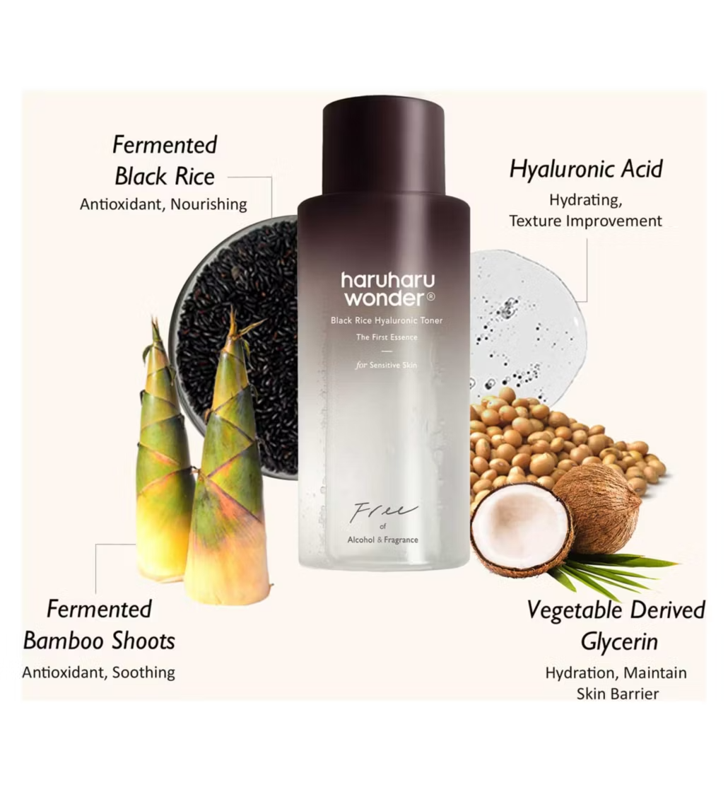 Haruharu Wonder skincare product with ingredients displayed on a cream background