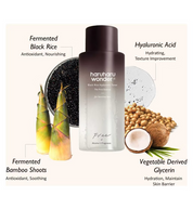 Haruharu Wonder skincare product with ingredients displayed on a cream background