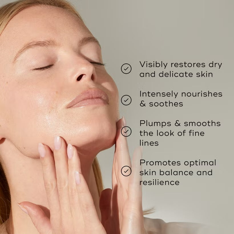 Medik8 Ultimate Recovery Bio-Cellulose Mask key benefits listed with woman touching face 