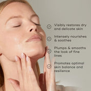 Medik8 Ultimate Recovery Bio-Cellulose Mask key benefits listed with woman touching face 