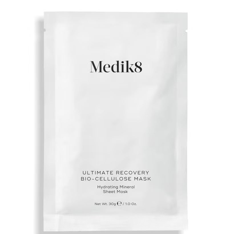 A packaged Medik8 Ultimate Recovery Bio-Cellulose Mask, designed for skin hydration and soothing.